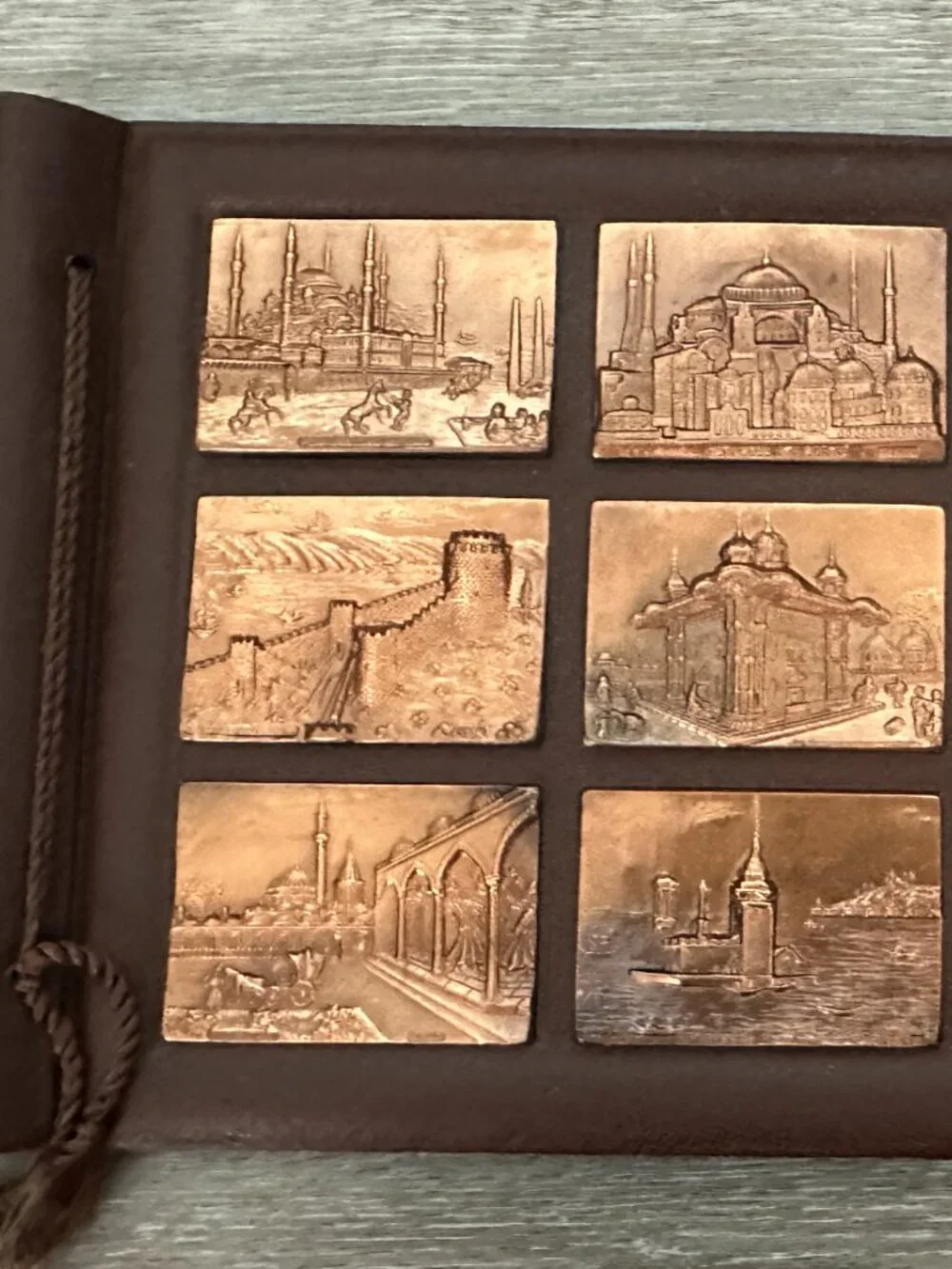 Vintage Leather Scrapbook Photo Album w Copper Plat4es of Scenes of Istanbul etc